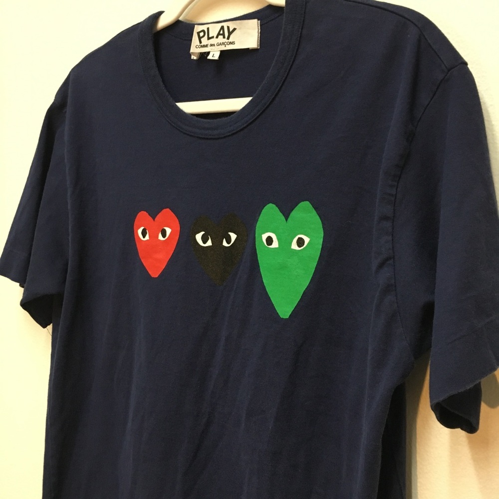 Comme Des Garcons Play Three Heart Logo T-shirt Large Blue 100% Cotton - Picture 5 of 9